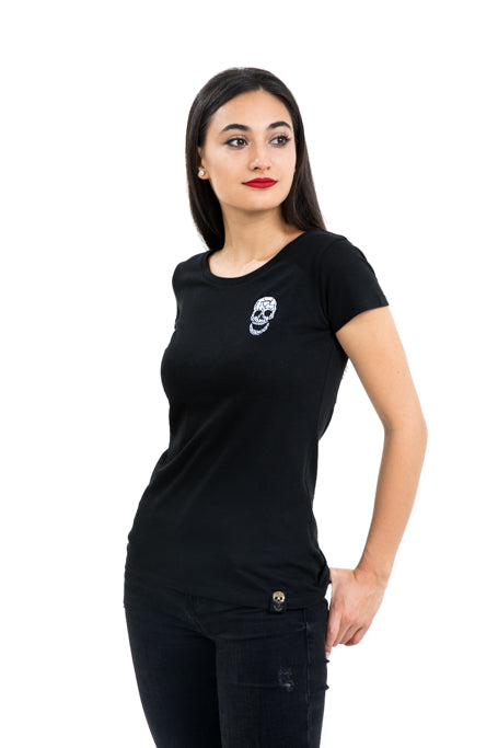 Ladies Fitted White Skull Black Tee