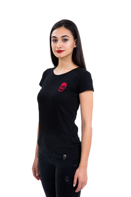 Ladies Fitted Red Skull Black Tee