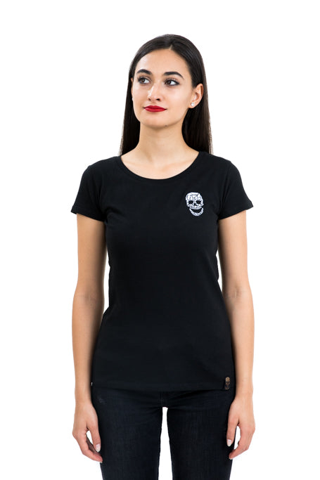Ladies Fitted White Skull Black Tee